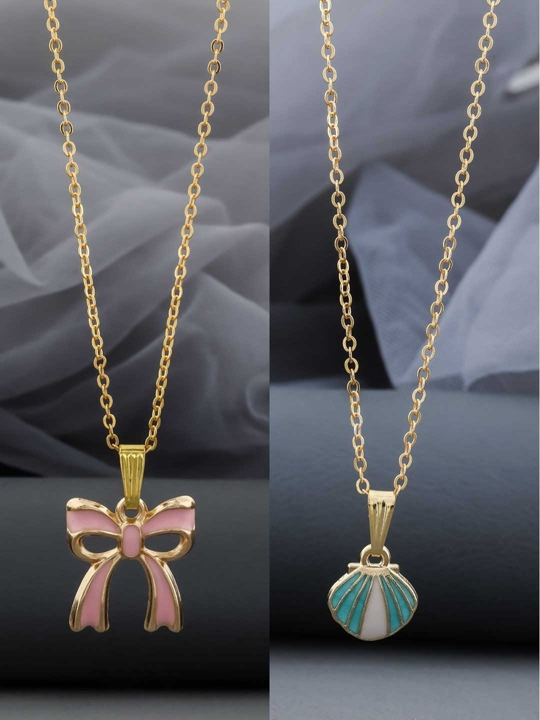 Birado Jewellery Women Set Of 2 Gold-Plated Enamelled Bow Pendants With Chains