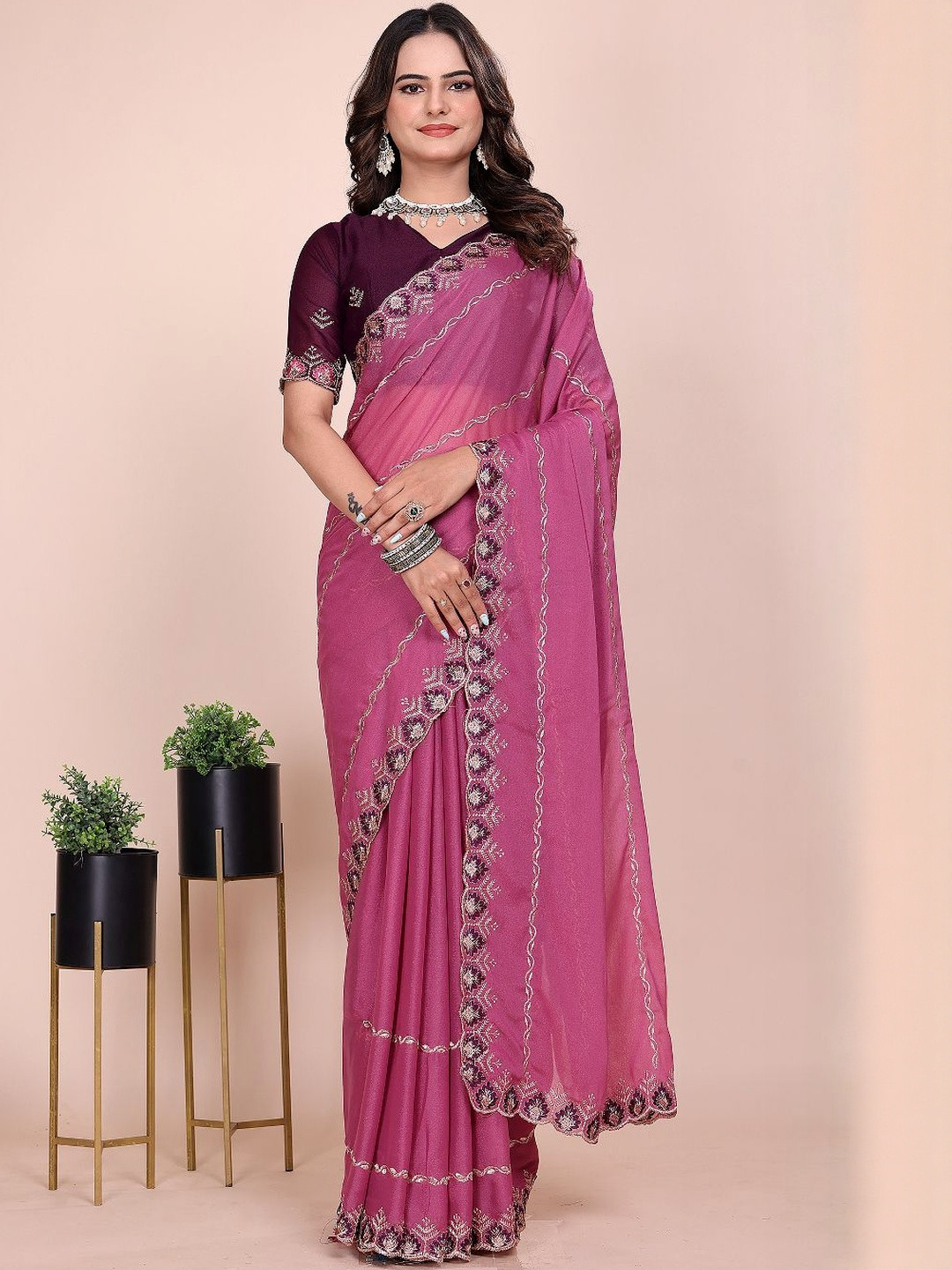 K 5 Fashion Women Ethnic Motifs Embroidered Saree With An Unstitched Blouse Piece