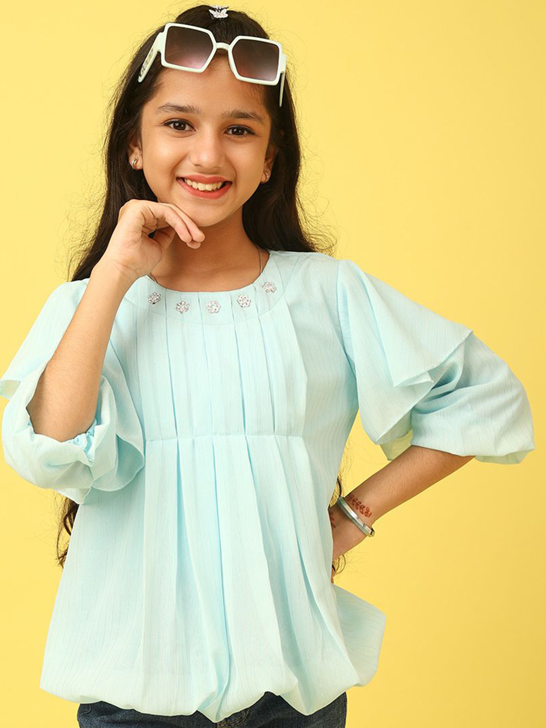 Ishti Girls Pleated Georgette Top with Embroidered Detail