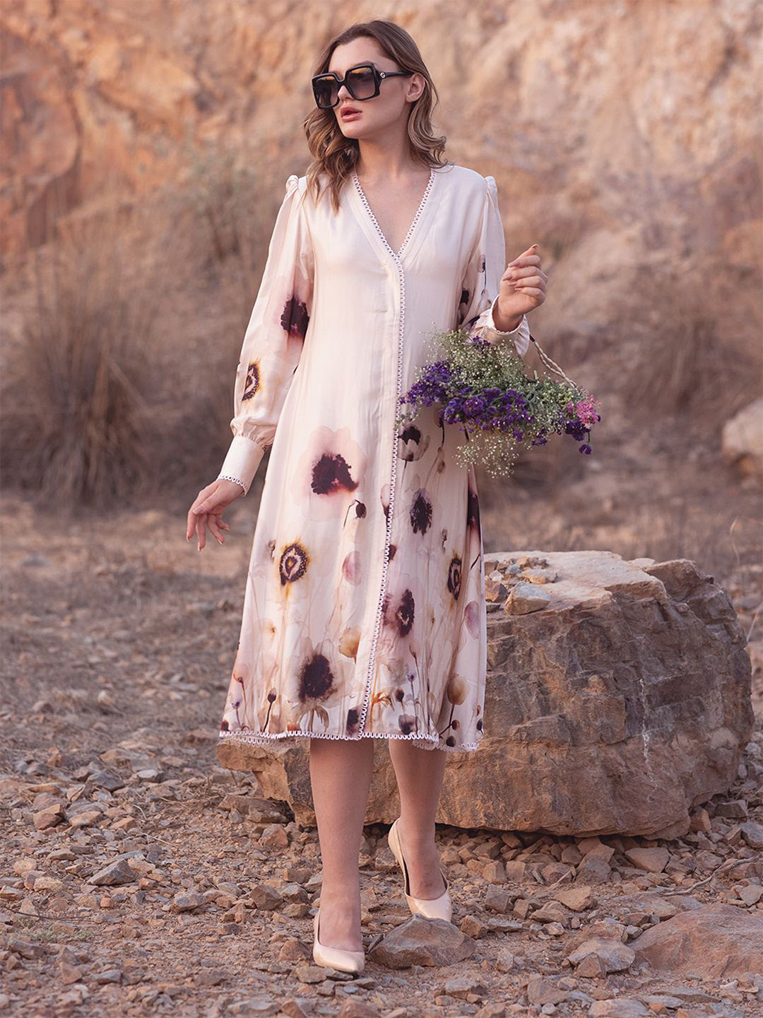 AFRIYA Women Floral Printed Cuffed Sleeves Linen Midi A-Line Dress