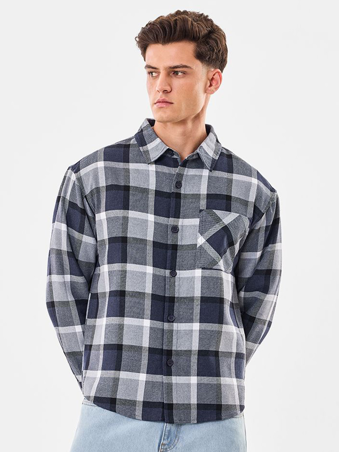 Snitch Men Tartan Checks Checked Spread Collar Relaxed Fit Casual Navy Plaid Overshirt