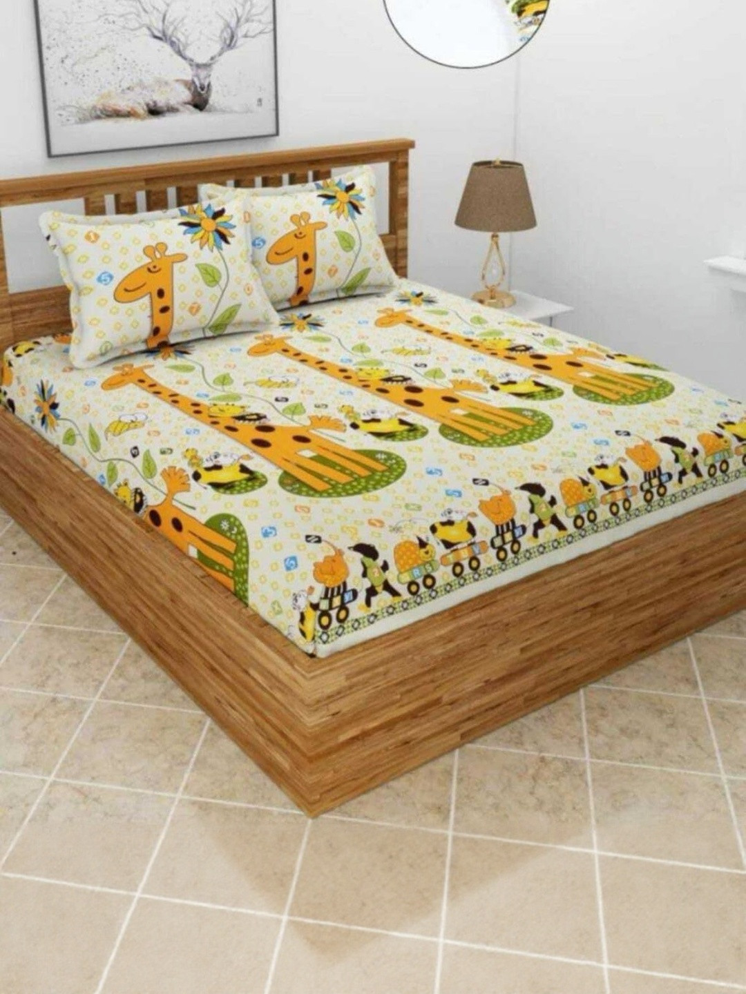NEW TOWN Cream & Mustard Graphic Printed Cotton 210 TC King Bedsheet & 2 Pillow Covers
