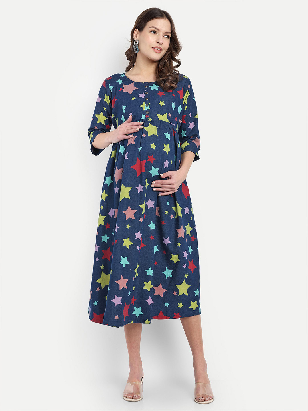 Mammas Maternity Star Printed Denim Maternity A-Line Cotton Maternity Dress