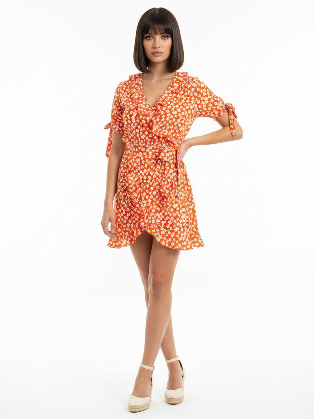 DressBerry Floral Print Ruffled & Tie-Up Detail Mini Wrap Dress