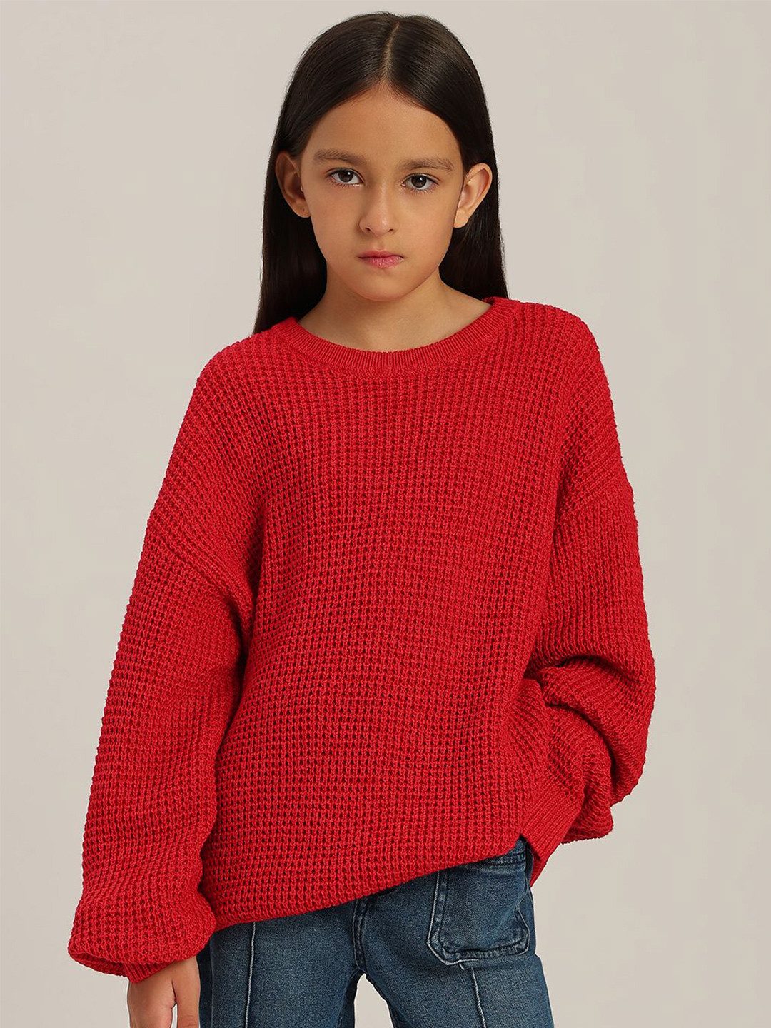 Vero Moda Girls Open Knit Self Design Cotton Pullover
