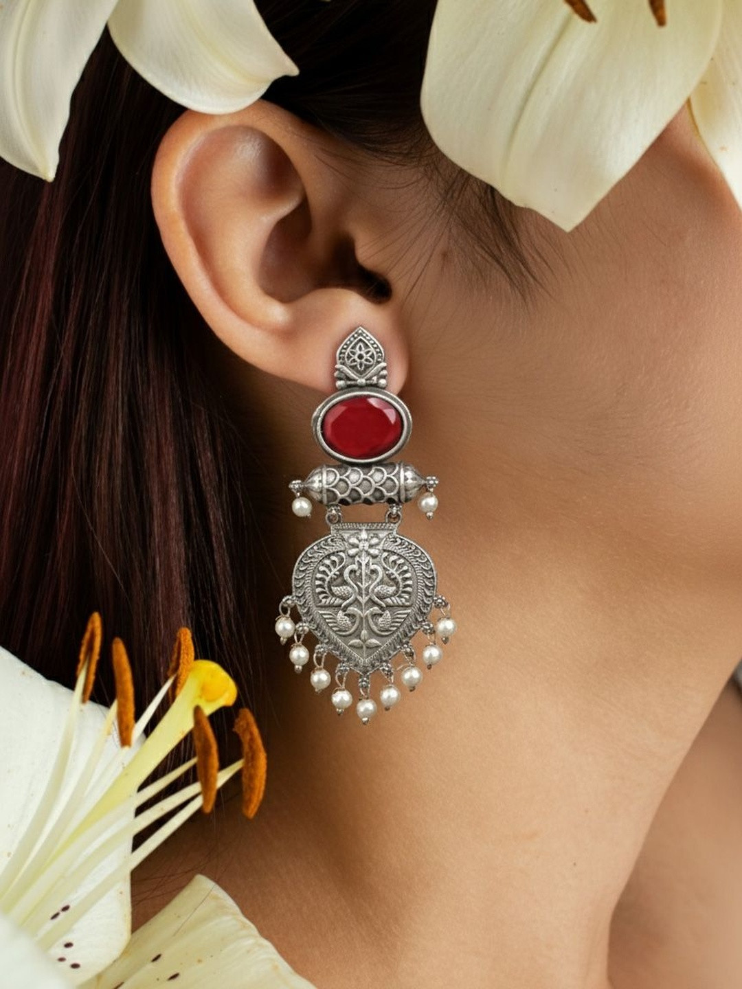 ASIDEA Artificial Stones Studdded And Perals Beaded Geometric Shaped Drop Earrings