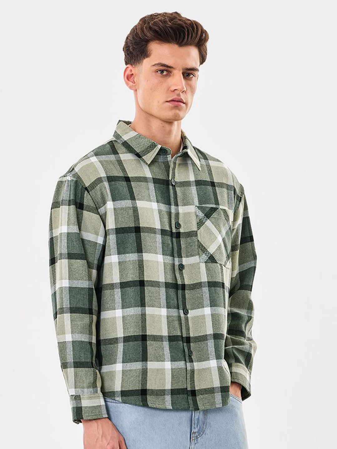 Snitch Men Tartan Checks Checked Spread Collar Relaxed Fit Overshirt Shacket