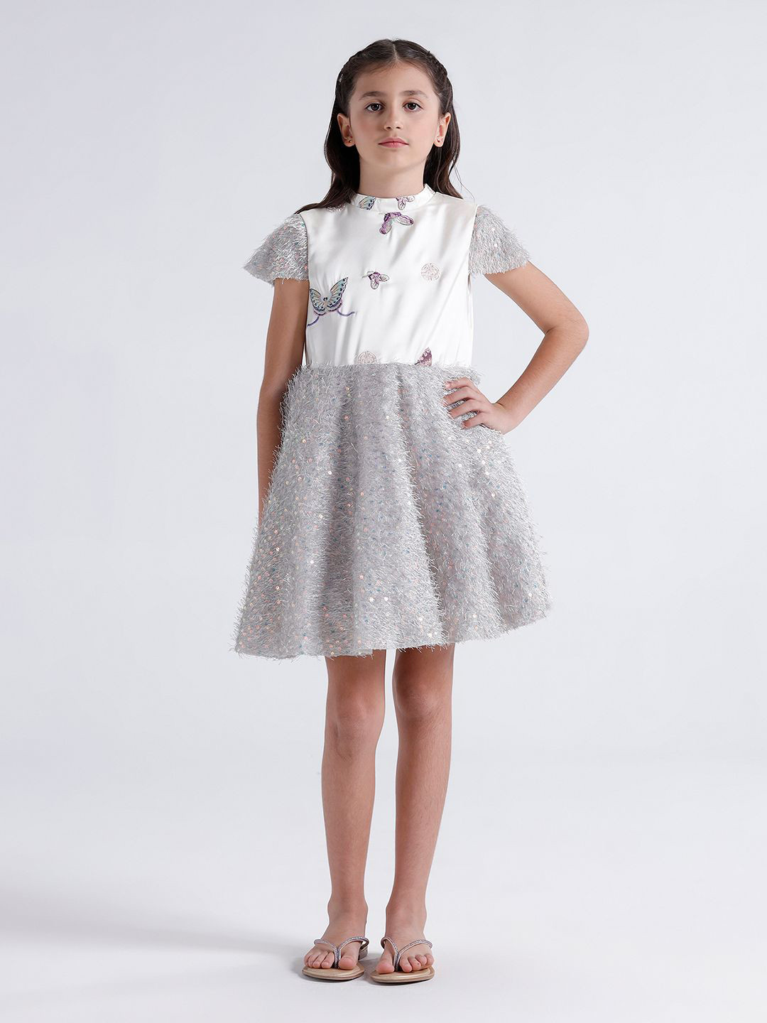 KATE & OSCAR Girls Embroidered Satin Fur botton Flare Dress
