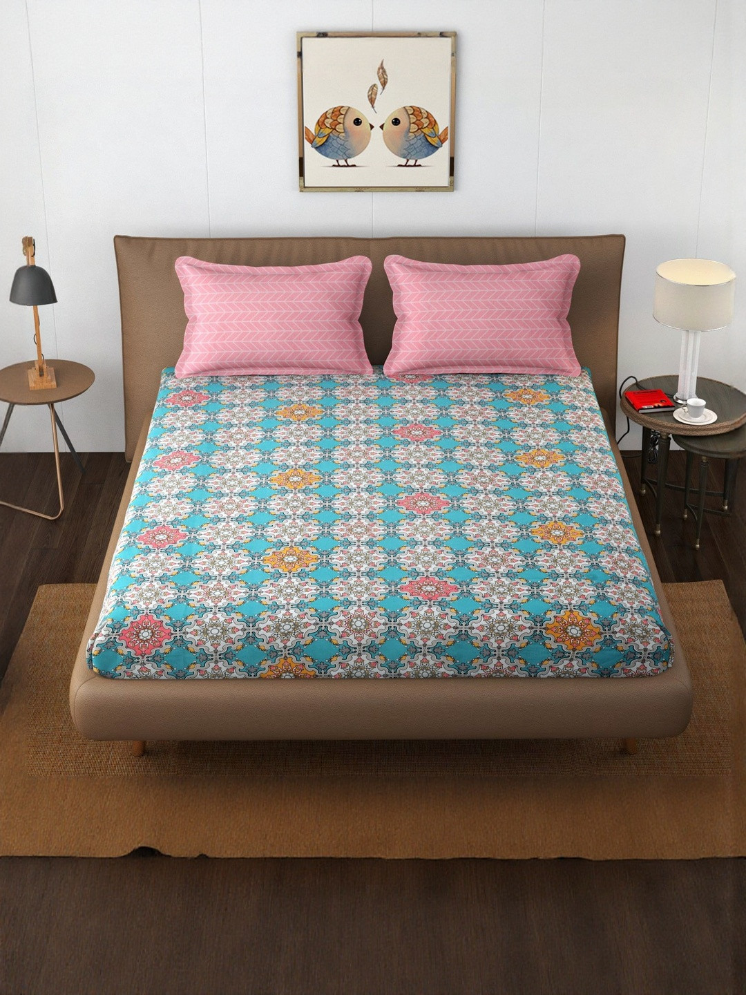 TINDLER KNOTS Blue & White Ethnic Motifs 300 TC King Size Bedsheet with 2 Pillow Covers