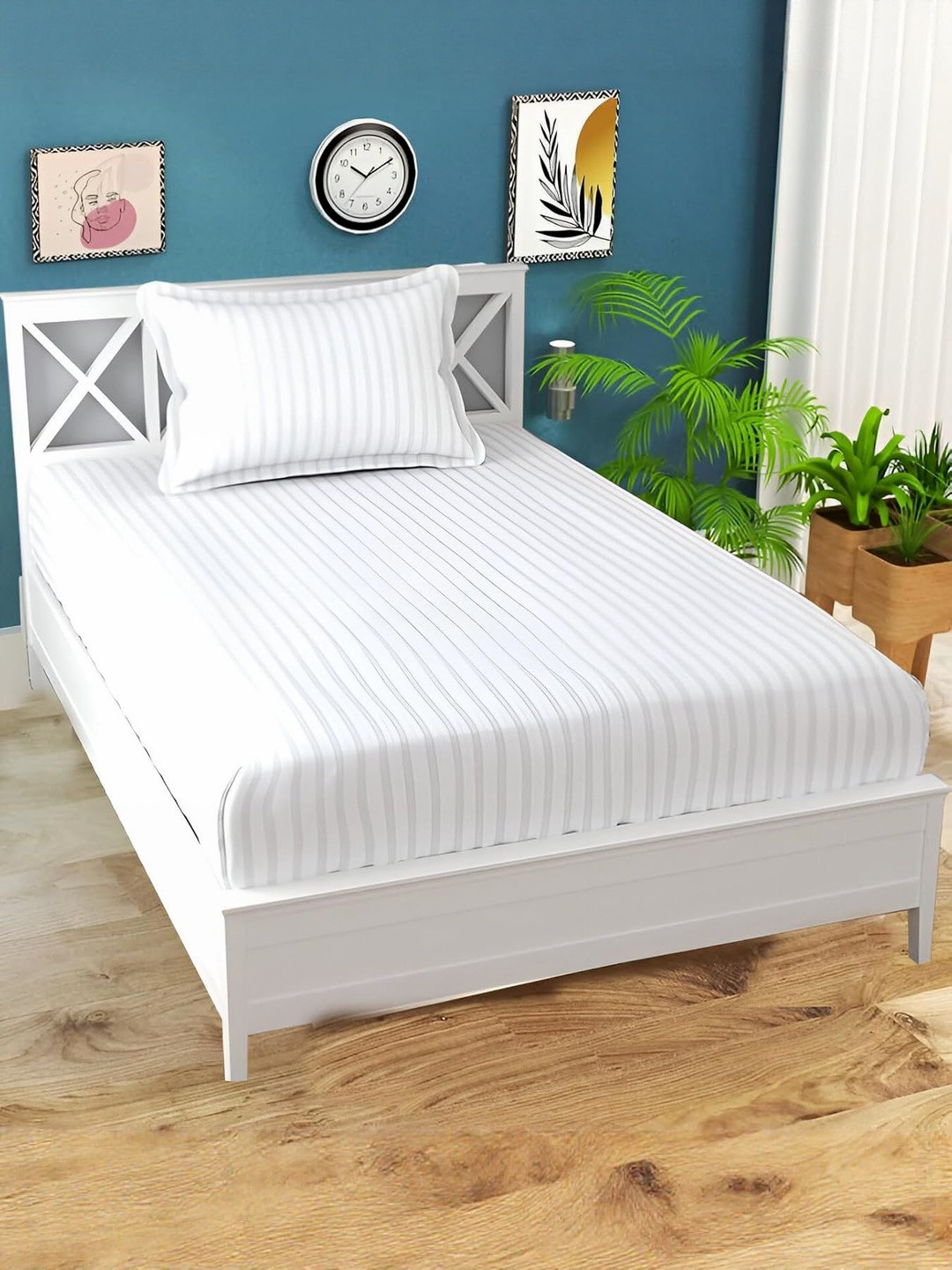 THE CONVERSION White Striped Cotton 210 TC Single Bedsheet Set 1.05 m x 2.25 m