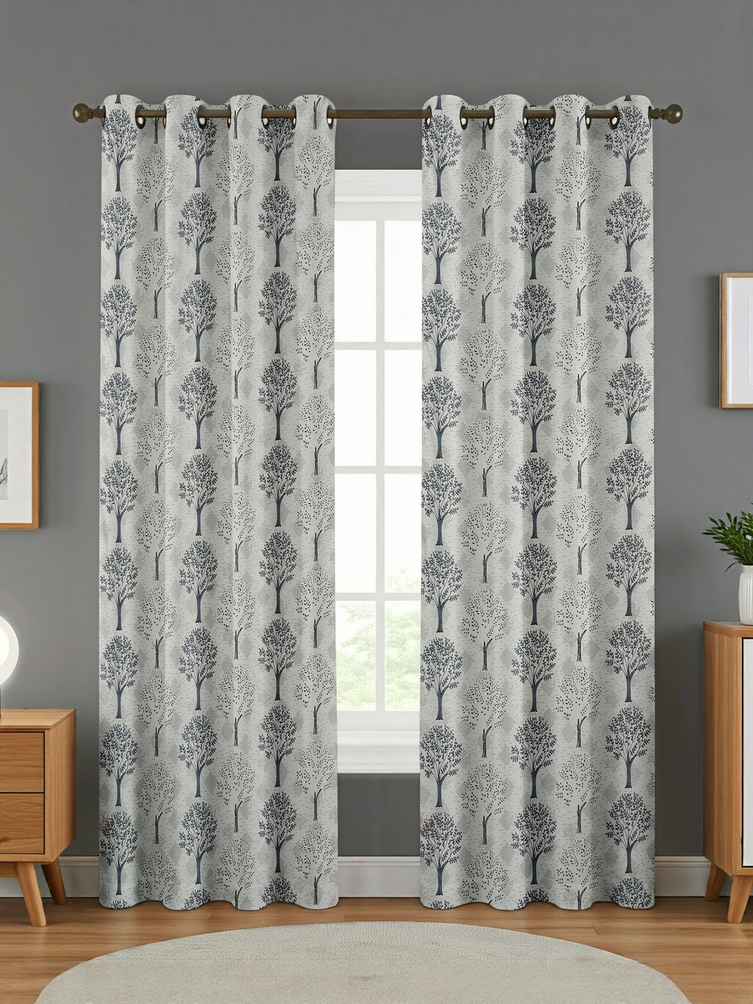 GEET CREATIONS Sprit-Vat Grey & White 2 Pieces Printed Room Darkening Window Curtains