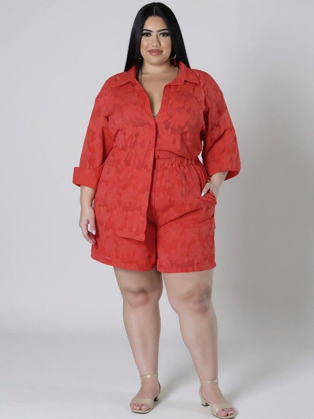 DressBerry Curve Self-Design Shirt Collar Shirt With Shorts