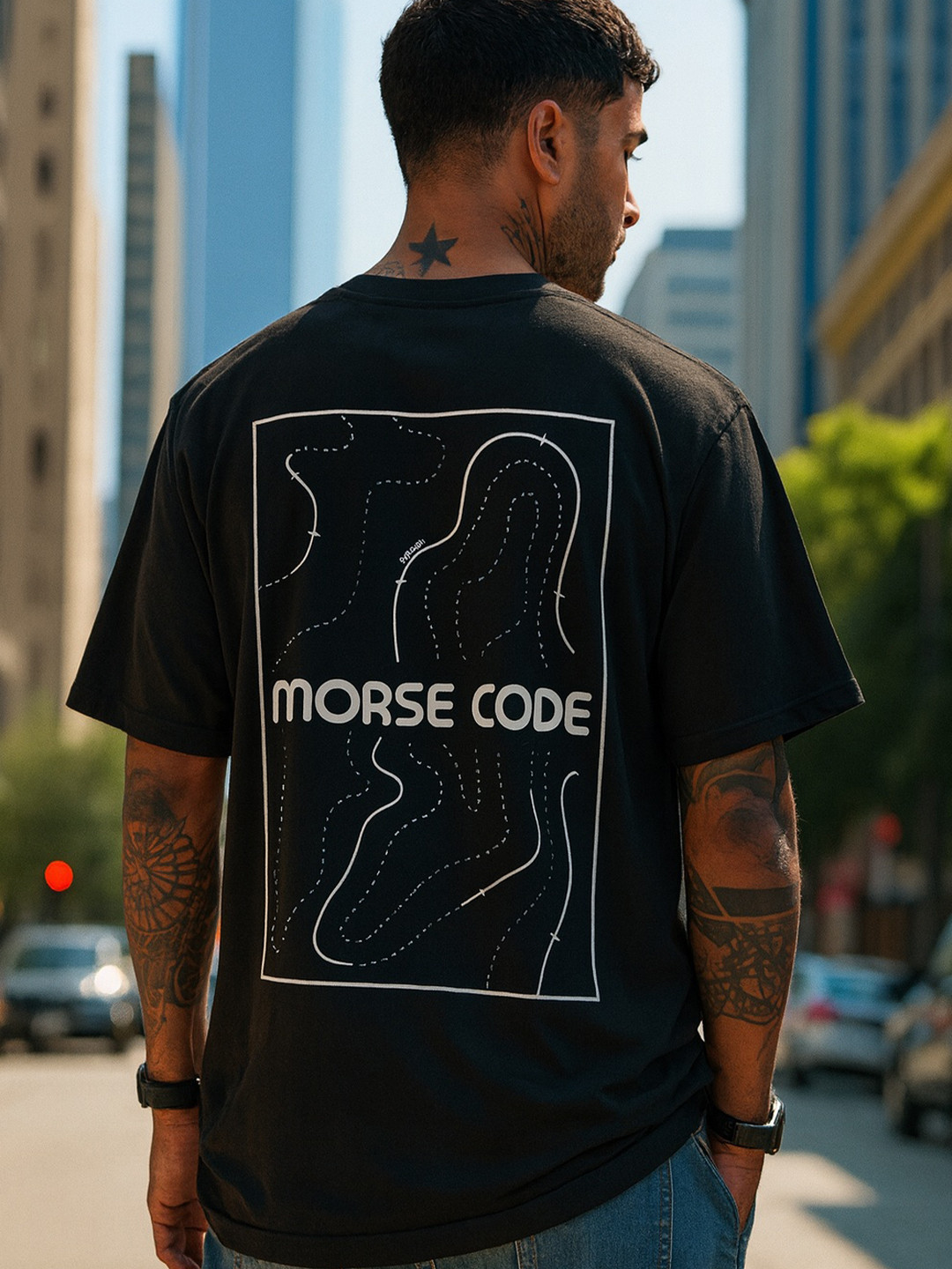MORSE CODE Typography Printed Oversized Cotton T-shirt