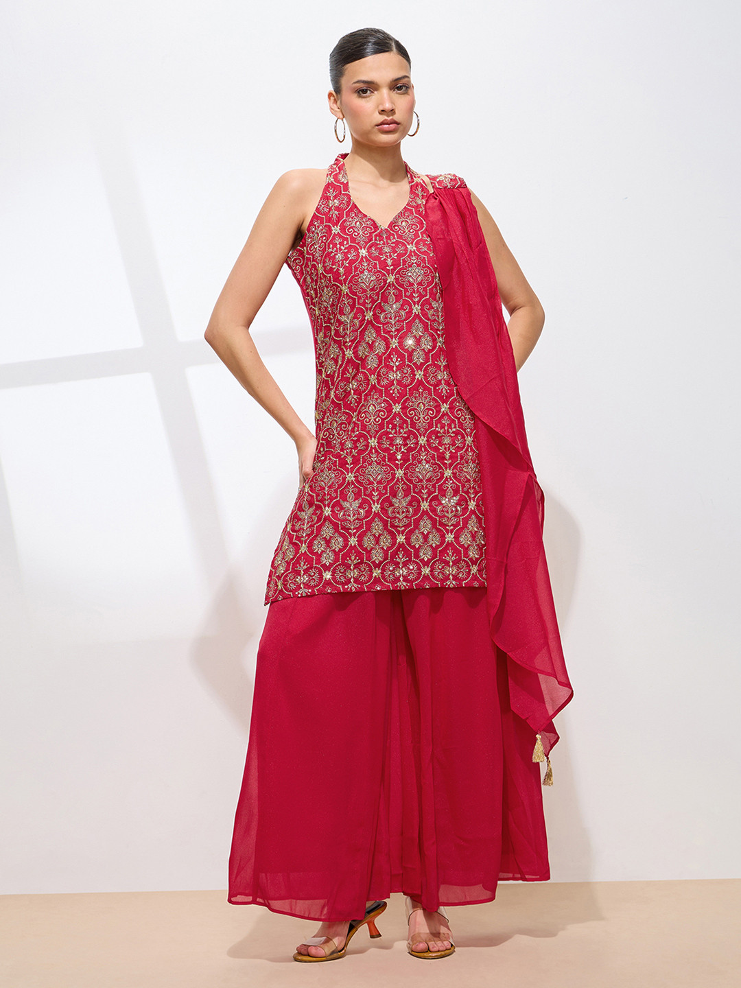 Aarrah Ethnic Motifs Embroidered Sequinned Straight Georgette Kurti With Sharara & Dupatta