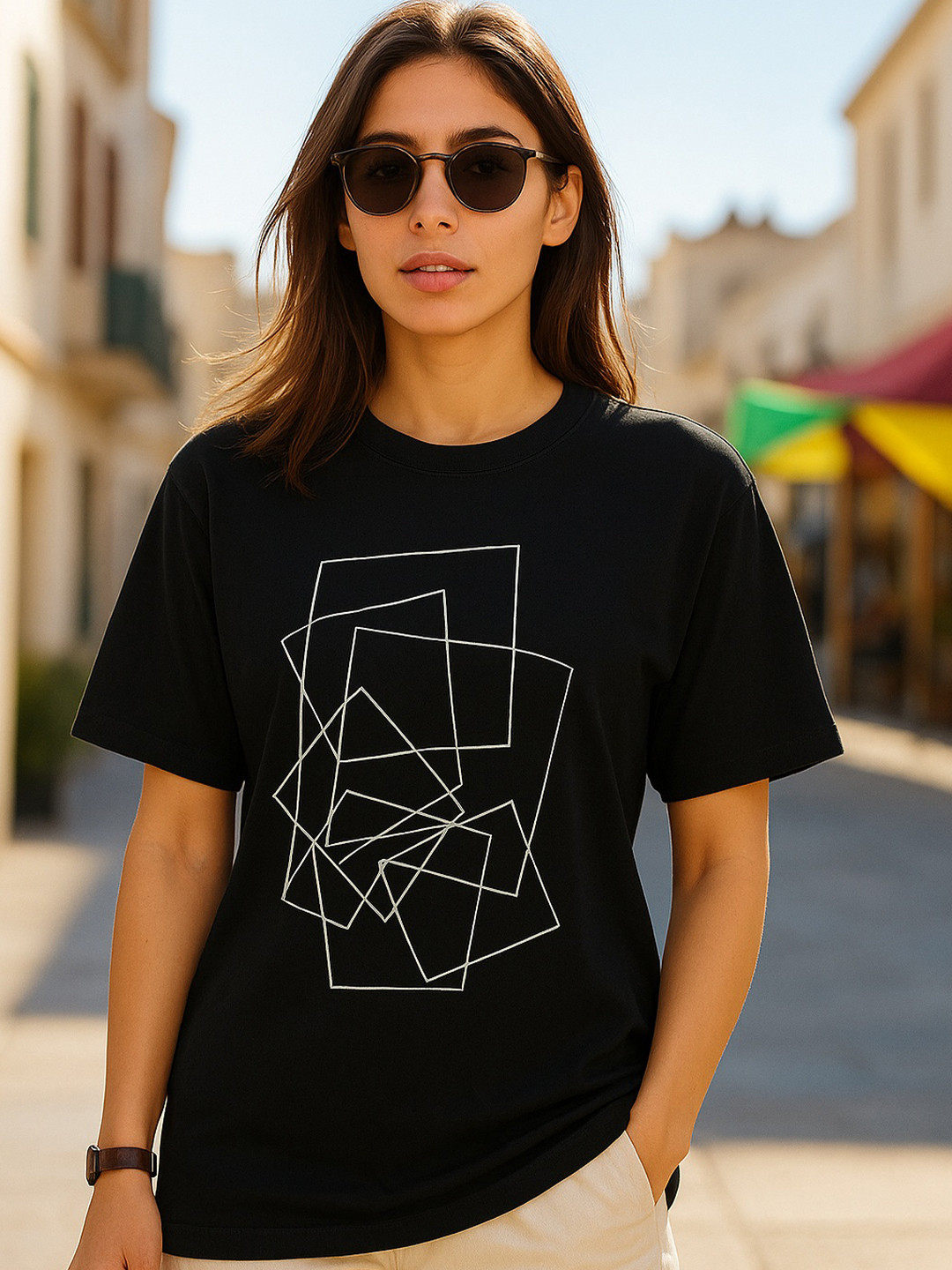 MORSE CODE Women Geometric Printed Round Neck Pure Cotton Oversized T-shirt