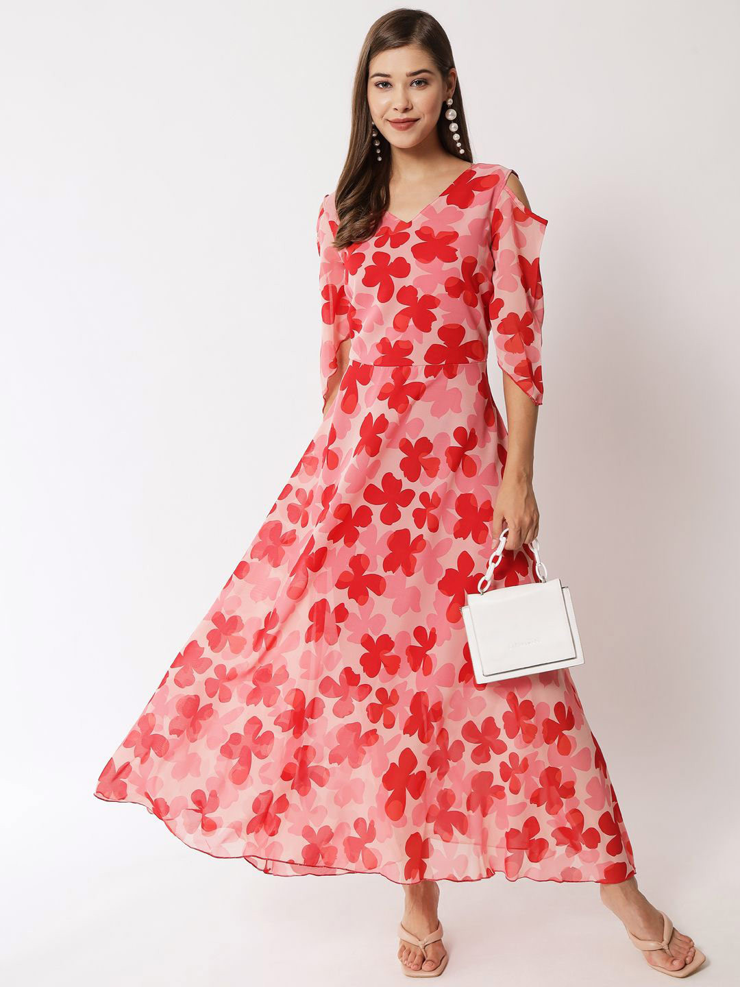 Elizy Women Floral Printed V-Neck Cold-Shoulder Fit and Flare Maxi Dress