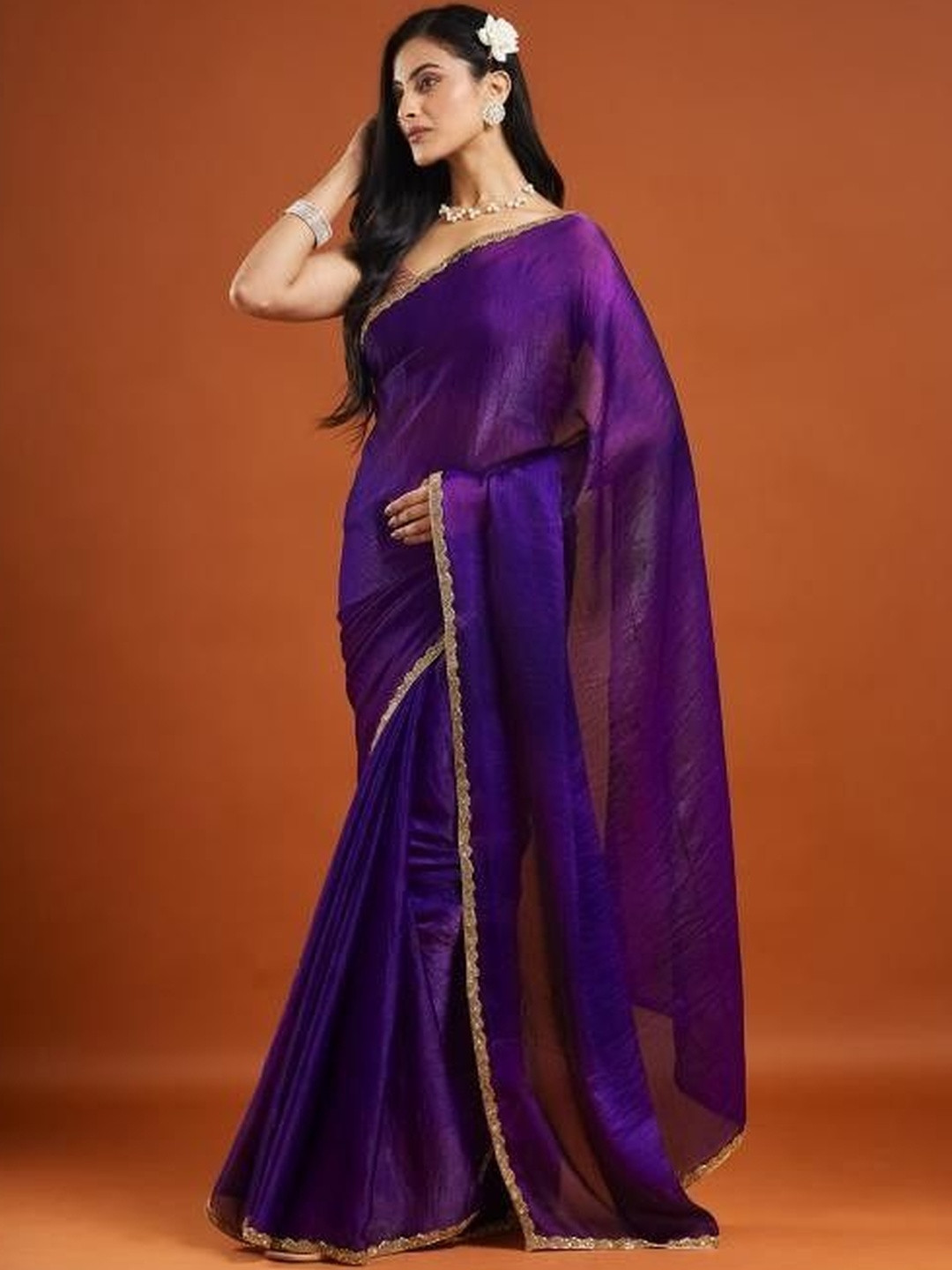 LOROFY Beads and Stones Pure Chiffon Designer Chanderi Saree