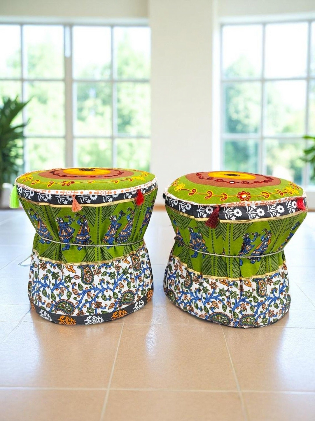 POSHMANDALA Green & White 2 Pieces Dandiya Design Embroidered Pure Cotton Muda Covers