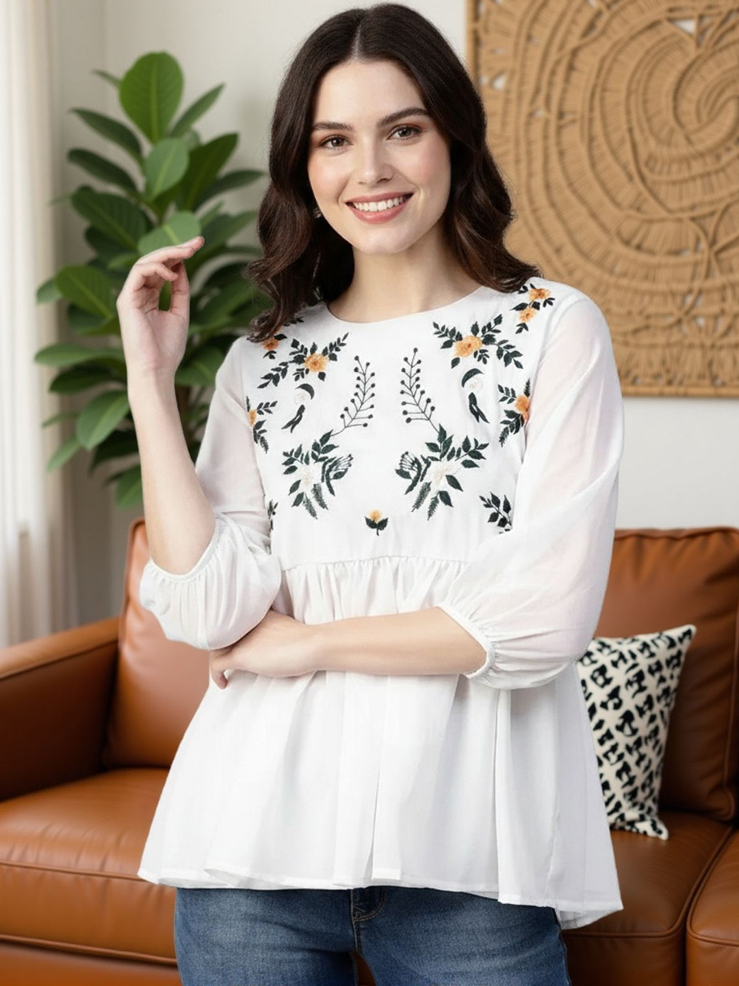 SZN Women Floral Embroidered Round Neck Georgette Top