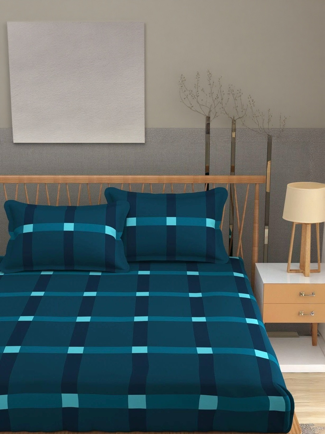 NEW TOWN Green & White Geometric 210 TC Queen Bedsheet with 2 Pillow Covers