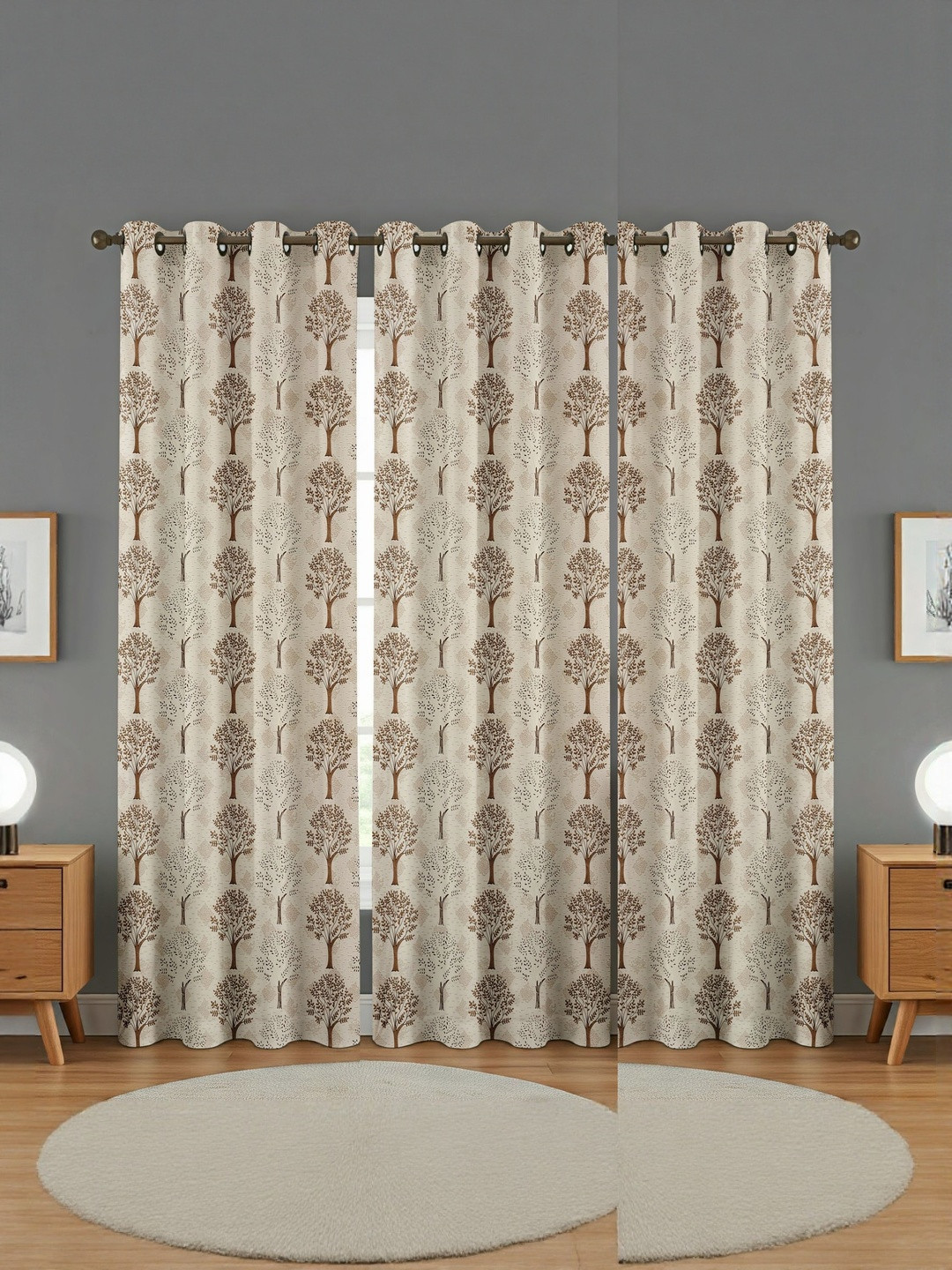GEET CREATIONS Sprit-Vat Brown 3 Pieces Printed Room Darkening Long Door Curtains