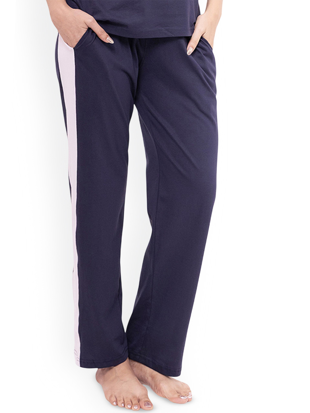 NAP STORY Women Striped Straight Mid-Rise Pure Cotton Lounge Pants