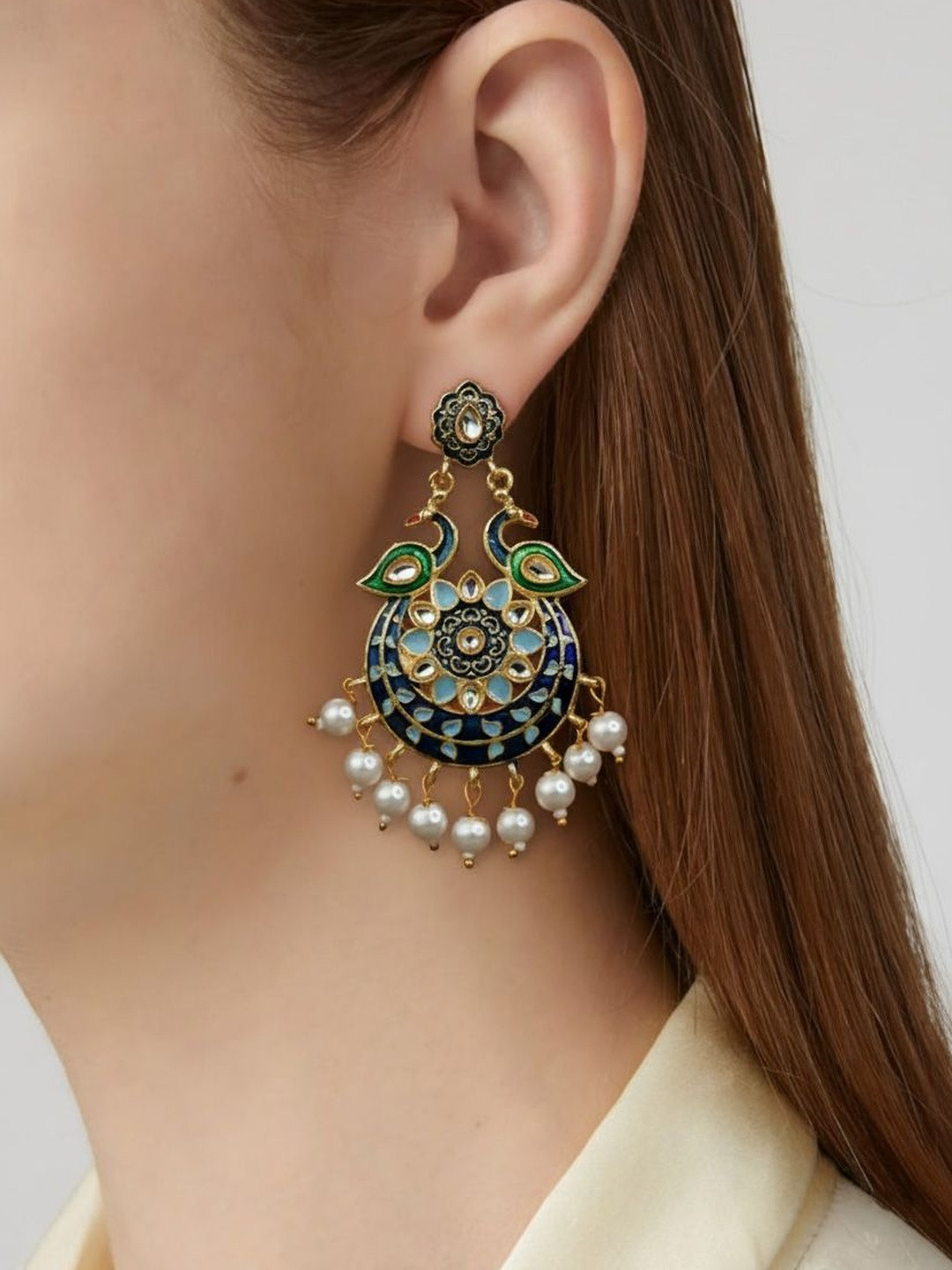 ASIDEA Gold Plated Kundan Studded And Beaded Peacock Shaped Drop Earrings