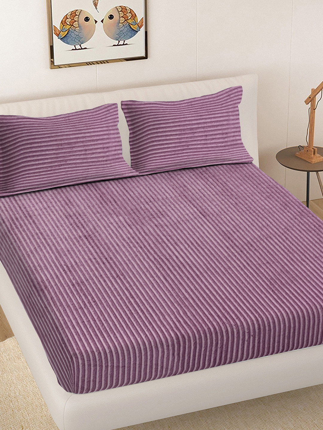 Myntra Elegant Homes Pink Striped Woollen 300TC Fitted Double King Bedsheet Set-2.5mX2.25m