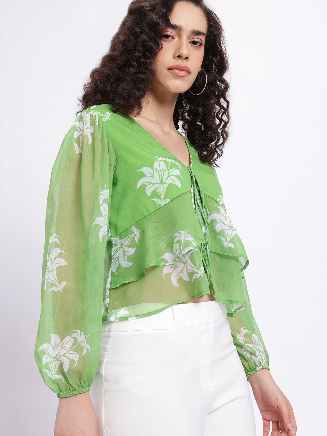 glitchez Floral Print Tie-Up Front Layered Top