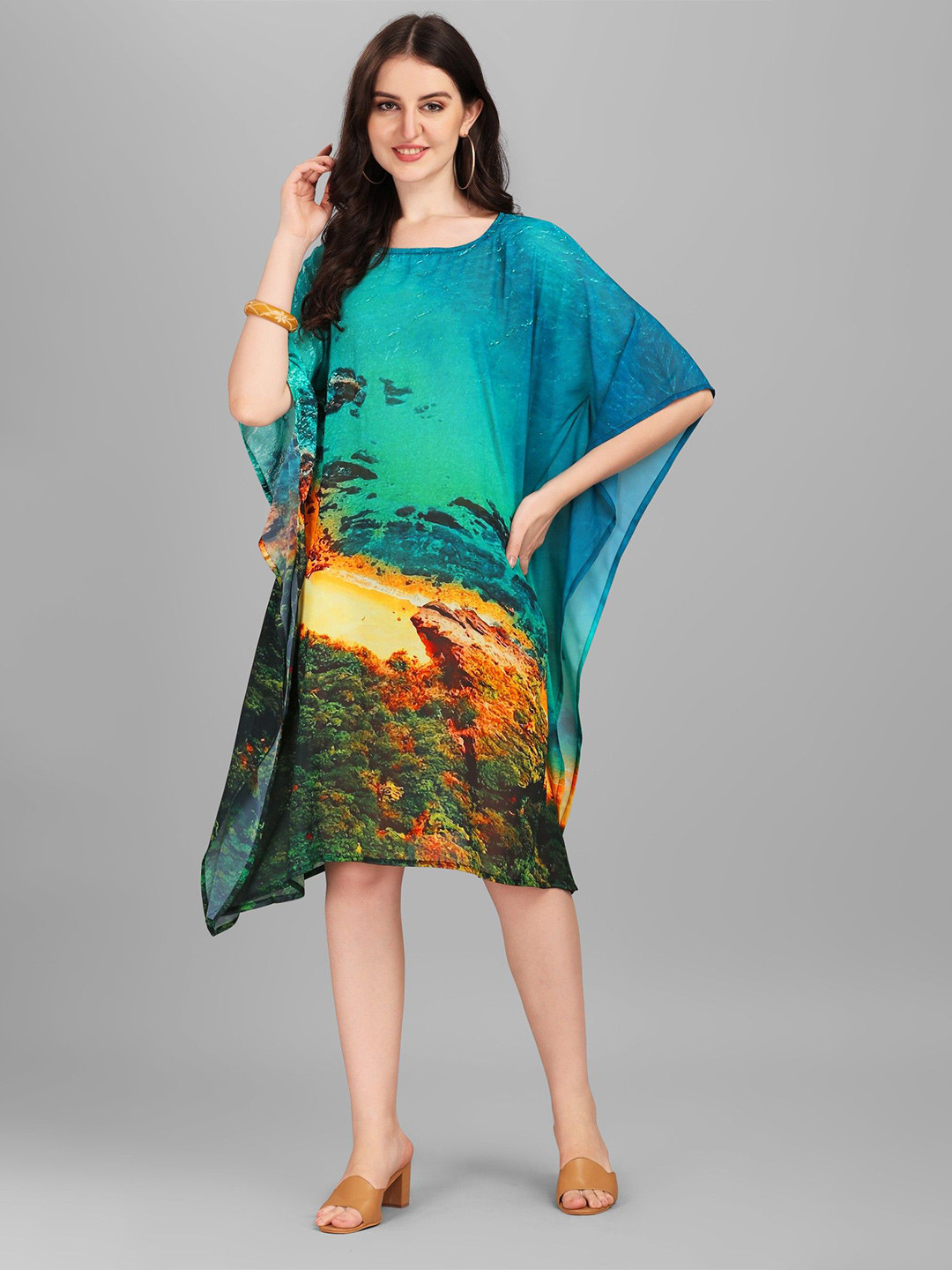 ROMONIA Women Tropical Printed Kimono Sleeve Georgette Kaftan Dress