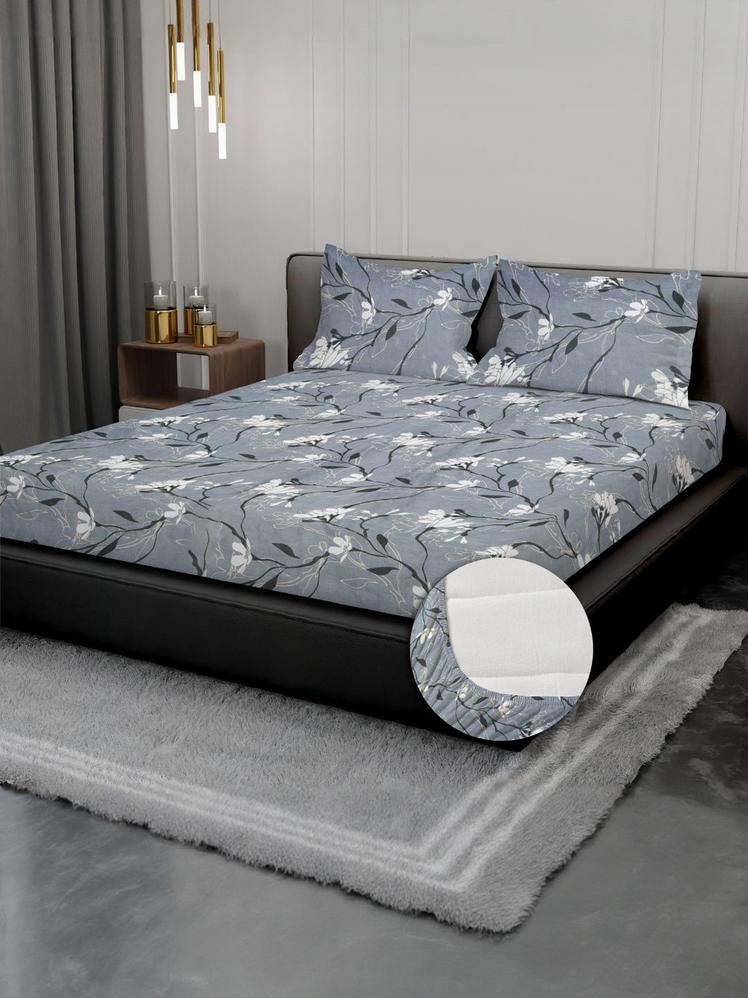 kurry home furnishing Grey & Floral 300 TC Egyptian Cotton Bedsheet with 2 Pillow Covers