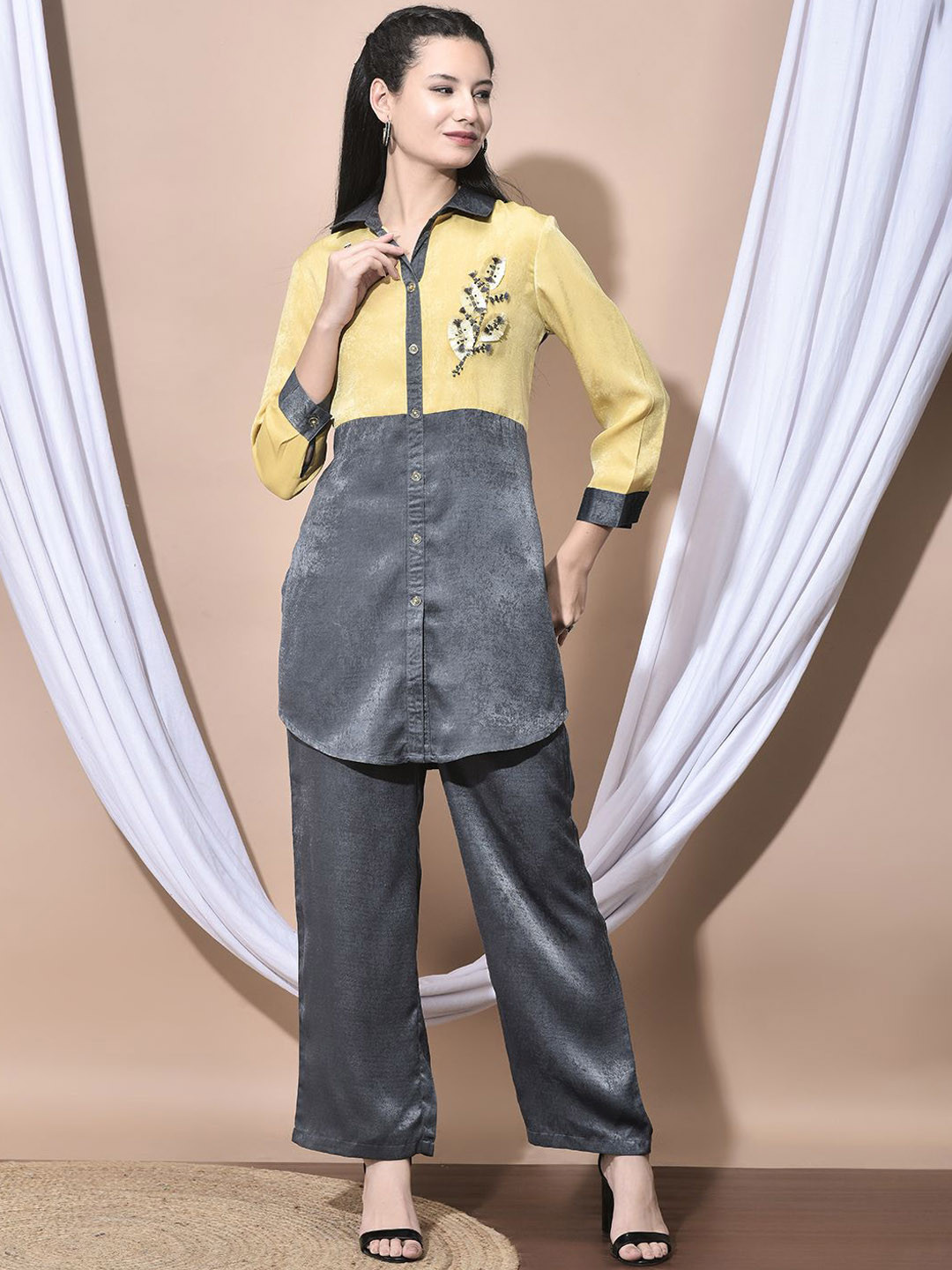 FFU Embellished Shirt Collor Casual Velvet Shirt & Trousers Co-Ord Set