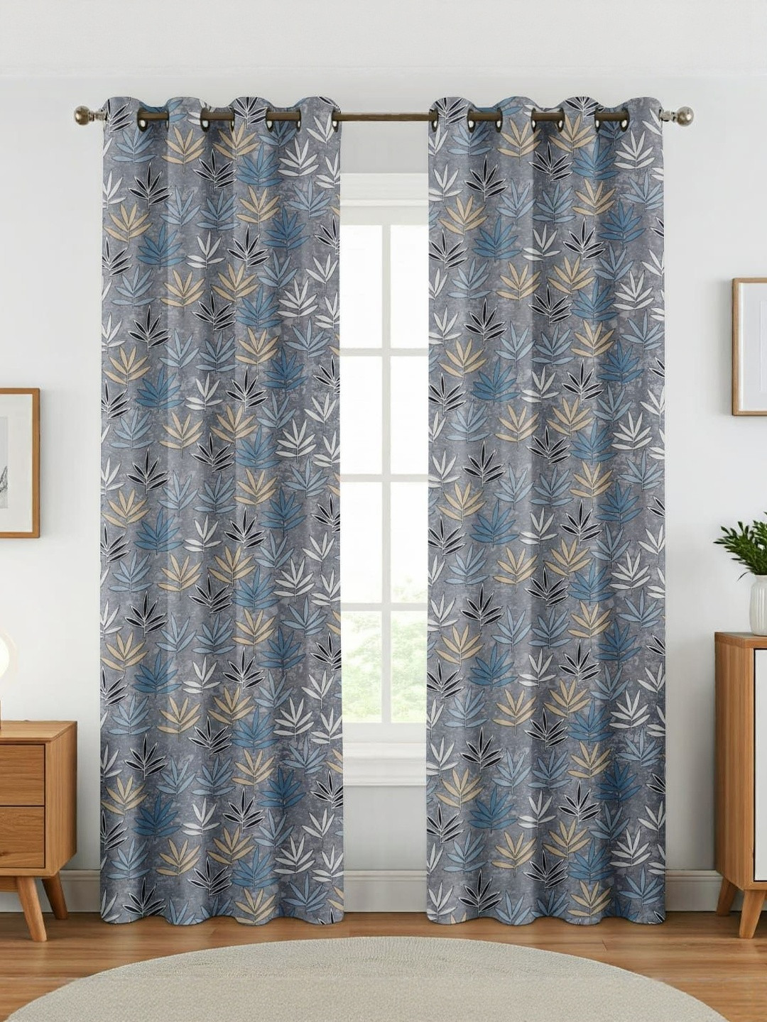 GEET CREATIONS Softy-Lotus Grey & White 2 Pieces Printed Room Darkening Window Curtains