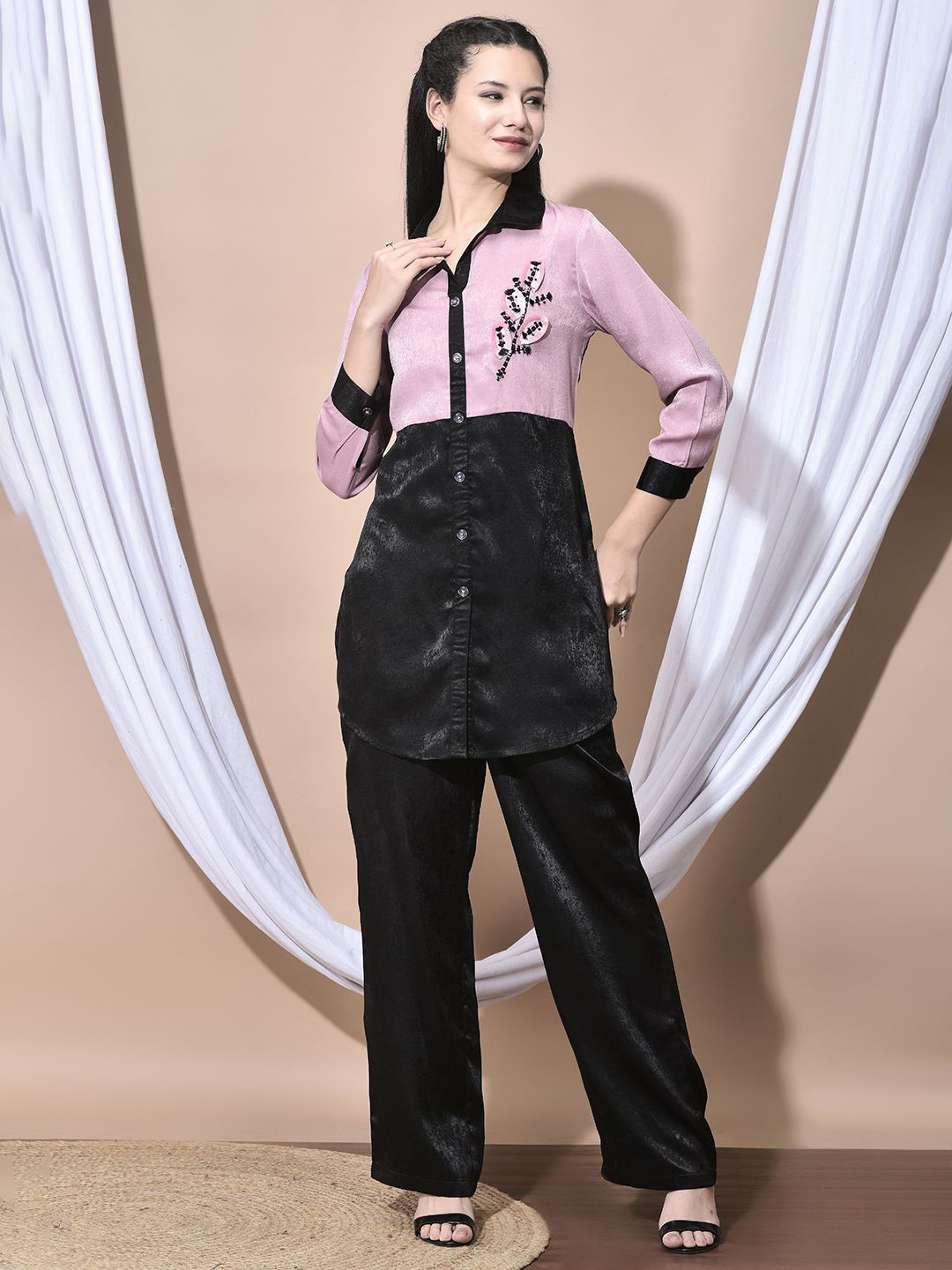 FFU Embellished Shirt Collor Casual Velvet Shirt & Trousers Co-Ord Set