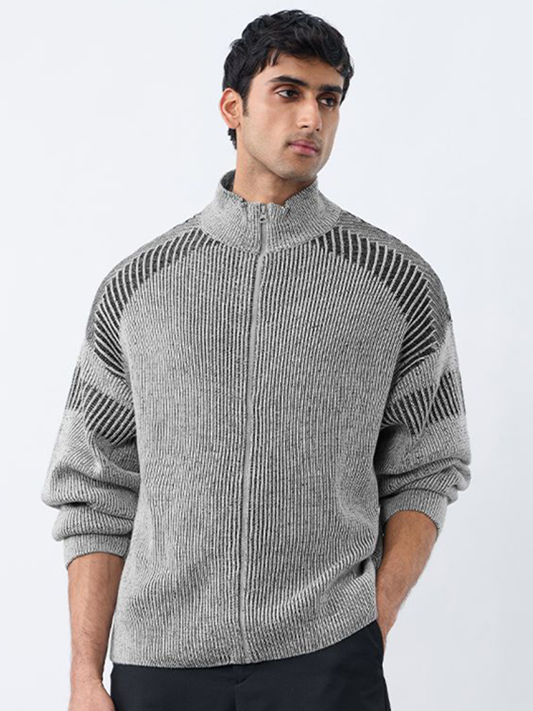 The Souled Store Men Striped Self Design Zip Detail Long Sleeve Cardigan