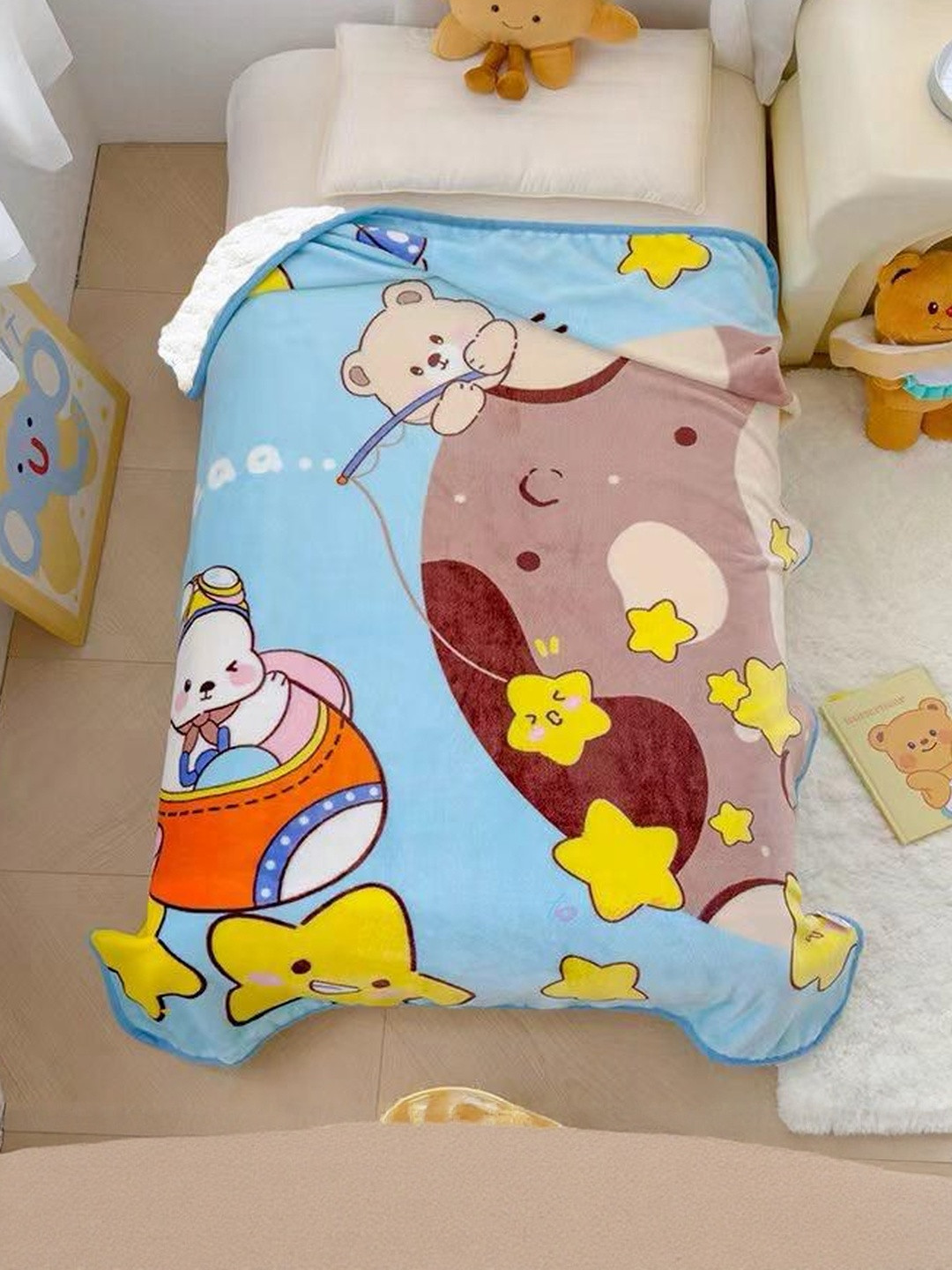 Butterthief Kids Blue & Yellow Cartoon Characters Sherpa Heavy Winter 350 GSM Blanket