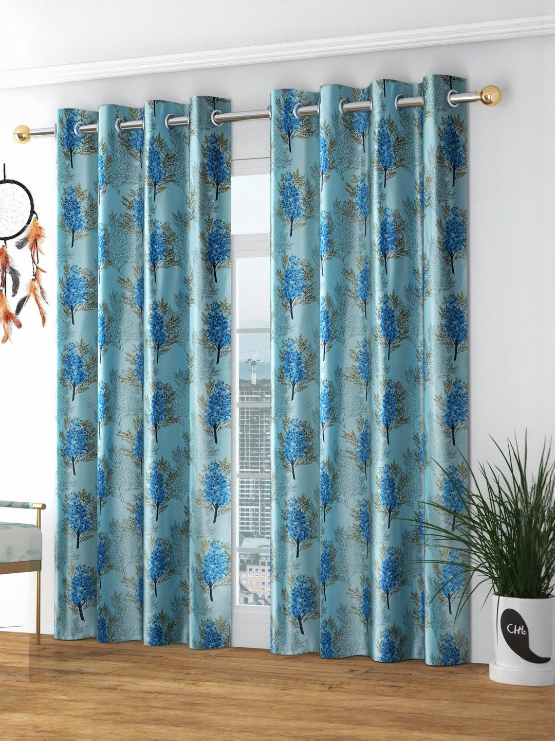 GEET CREATIONS Softy-Angur Blue & Green 2 Pieces Printed Room Darkening Window Curtains