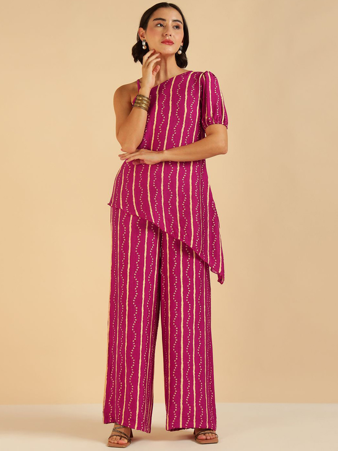 Vibes by Deebaco Fusion Bandhani Printed One Shoulder Tunic With Palazzos