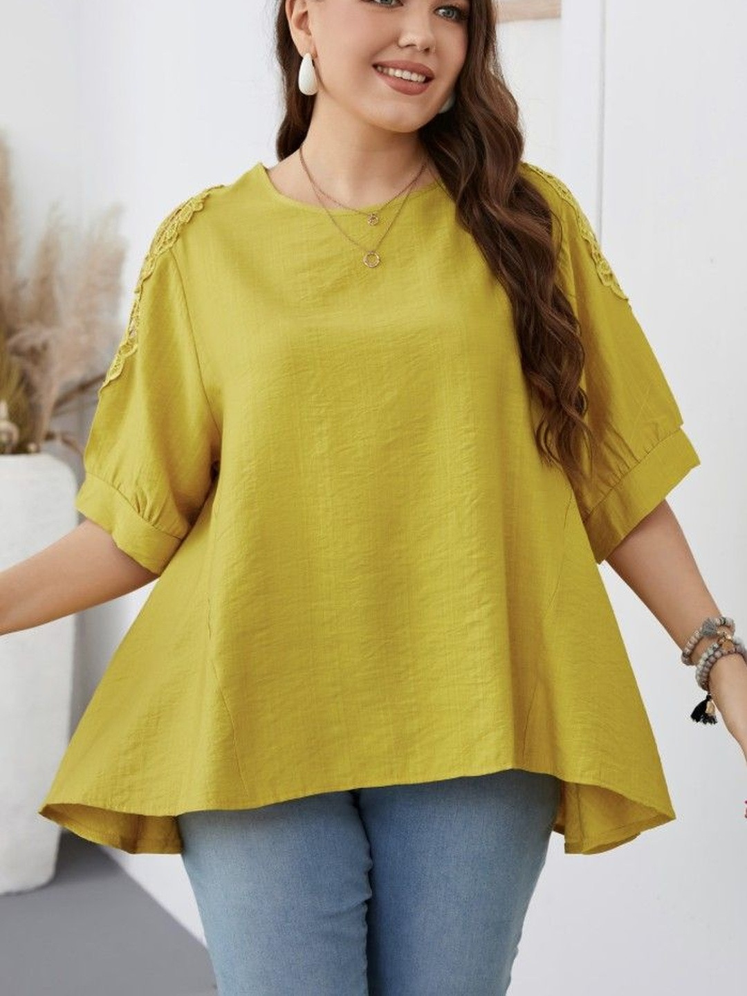 Sztori Women Plus Size Lace Inserts Cotton Top