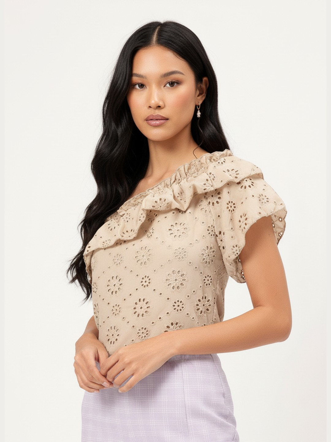 DressBerry Brunch Glamour One-Shoulder Schiffli Ruffled Top