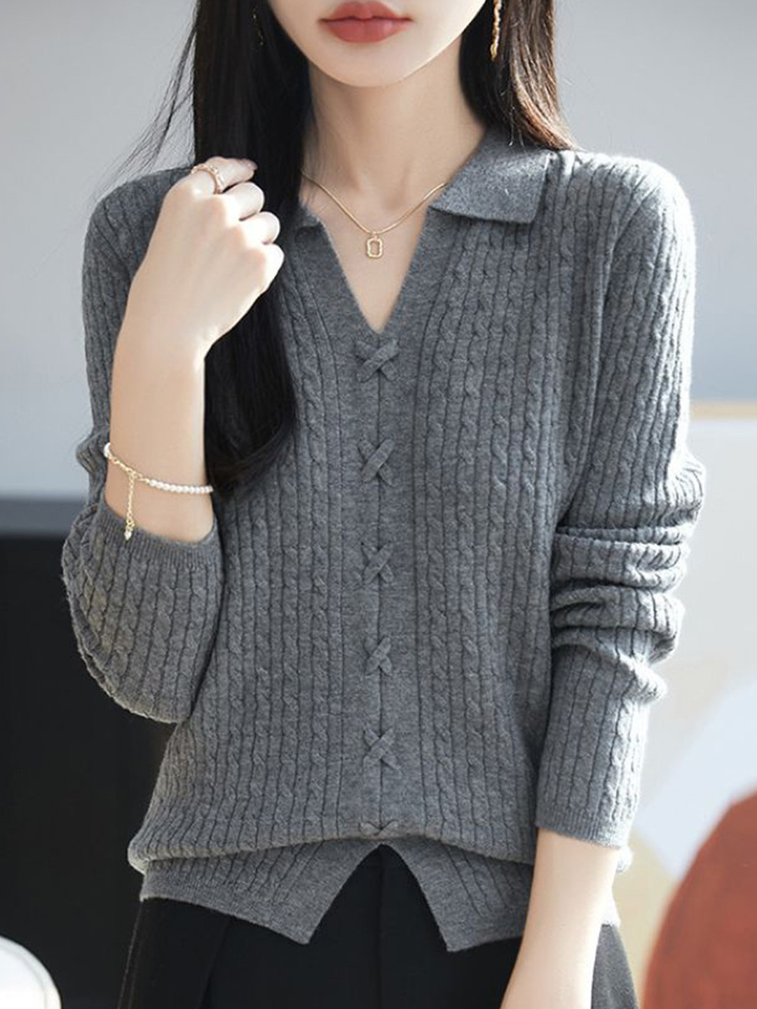 StyleCast Women Open Knit Self Design Loose Fit Long Sleeve Pullover