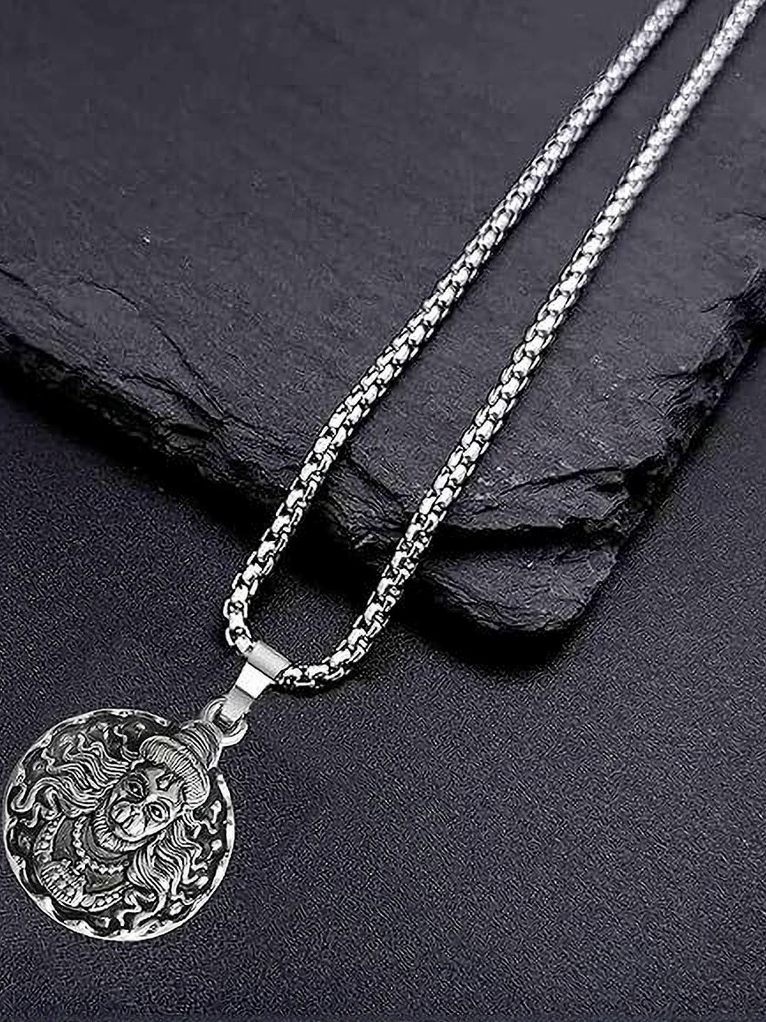 MK gallery Stainless Steel Silver-Plated OxidisedCircular Pendant With Chain