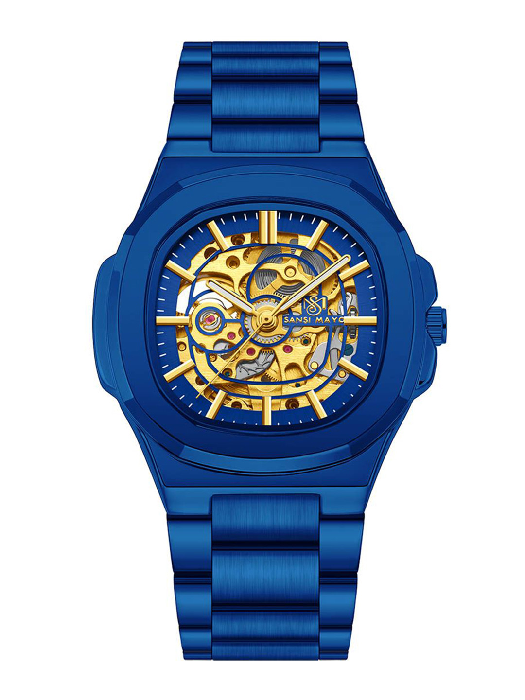 SANSIMAYO Men Stainless Steel Straps Analogue Automatic Motion Watch SM-M-304-BL-BL-GBL