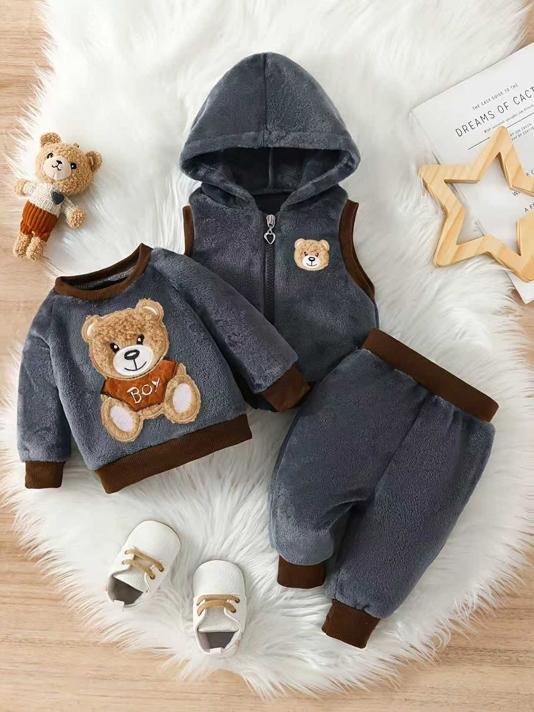 YK Boys Teddy Bear Applique Sweatshirt with Hooded Jacket and Joggers