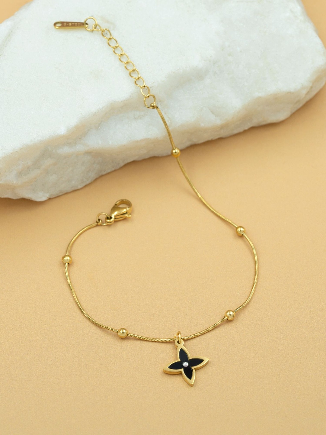 ARTKLIM Stainless Steel Gold-Plated  Anti Tarnish Black Clover Charm Bracelet