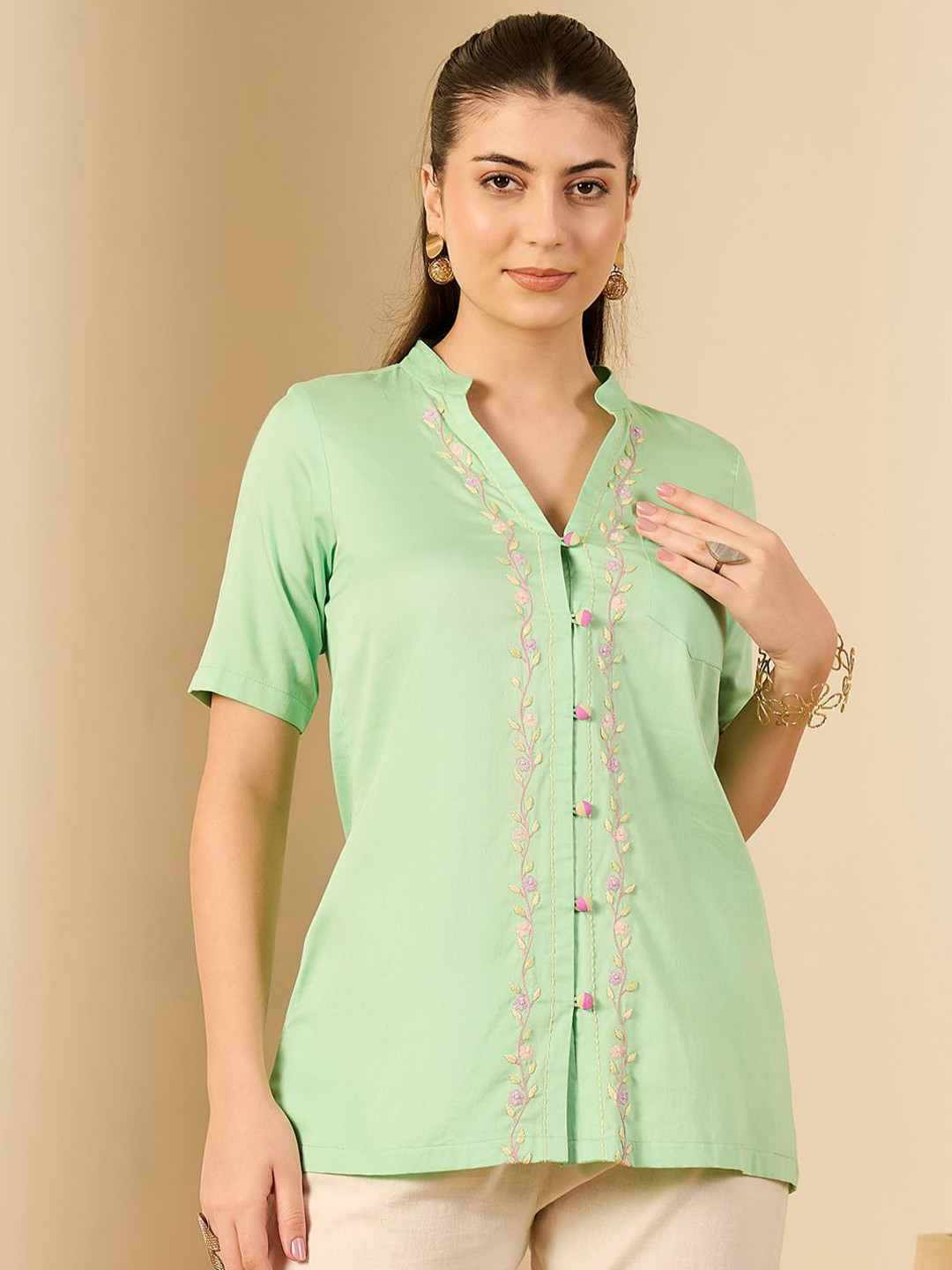 First Resort by Ramola Bachchan Women Mandarin Collar Hand Embroidered Cotton Casual Shirt