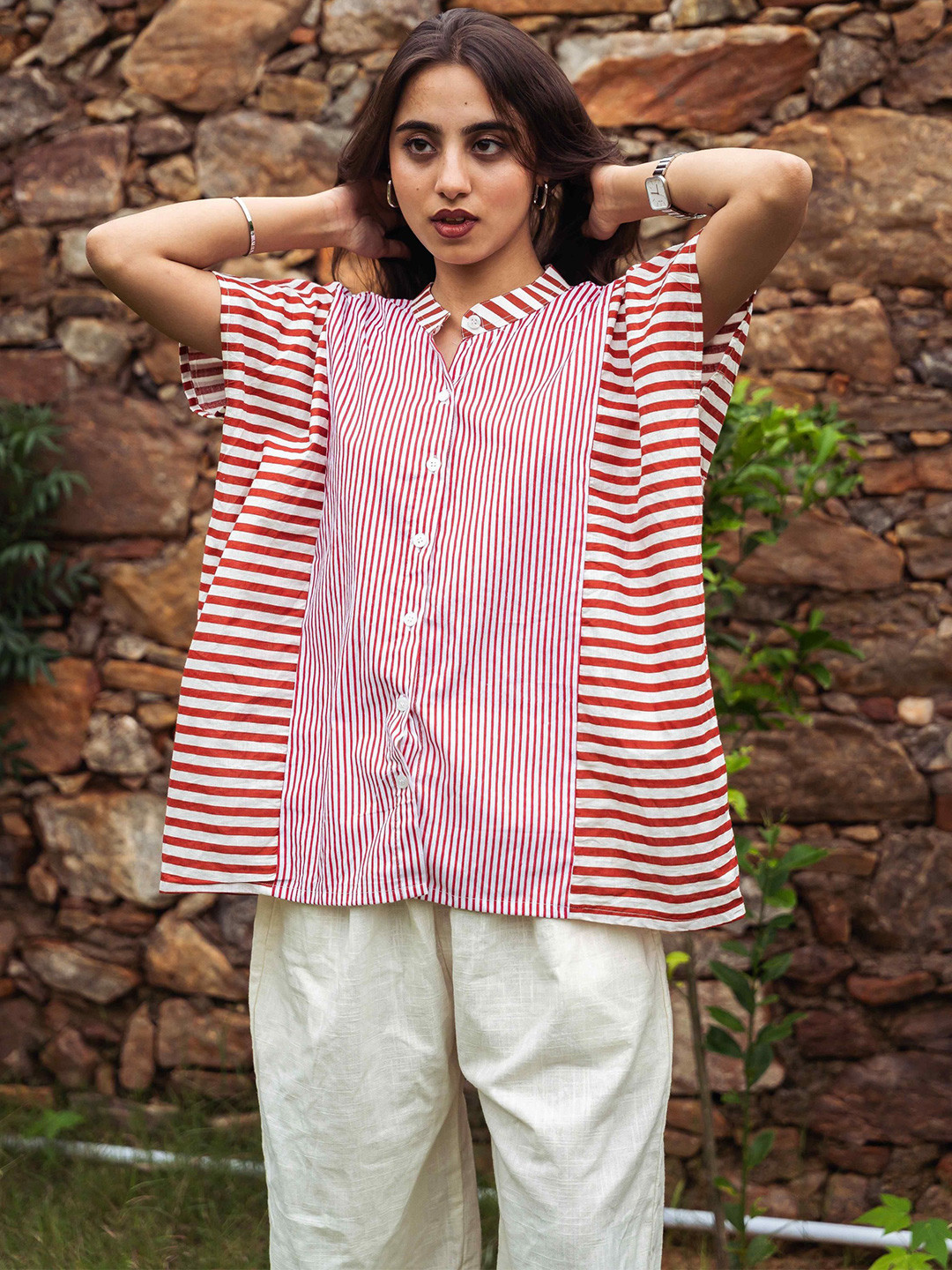 Satnam Handicrafts Striped Kimono Sleeves Band Collar Pure Cotton Kaftan Top