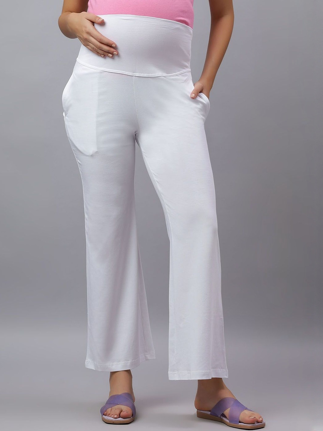 Mammas Maternity Women Comfort High-Rise Flat-Front Bootcut Maternity Korean Pants