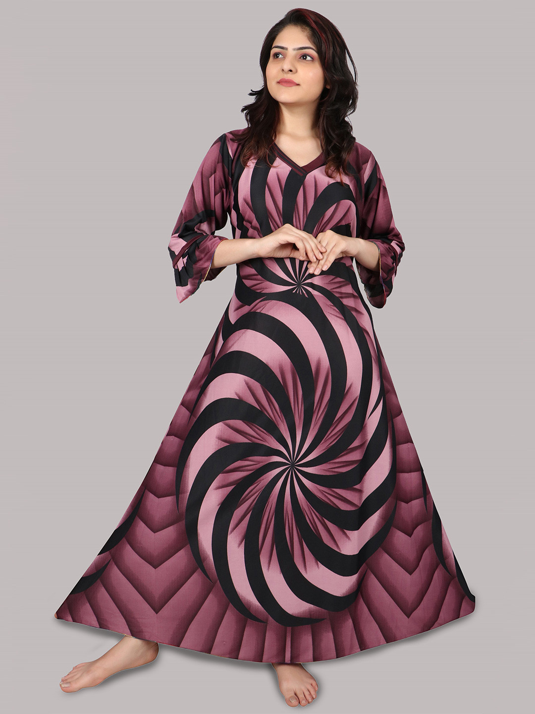 PURSA Women Multicolor Satin Printed Maxi Nightdress