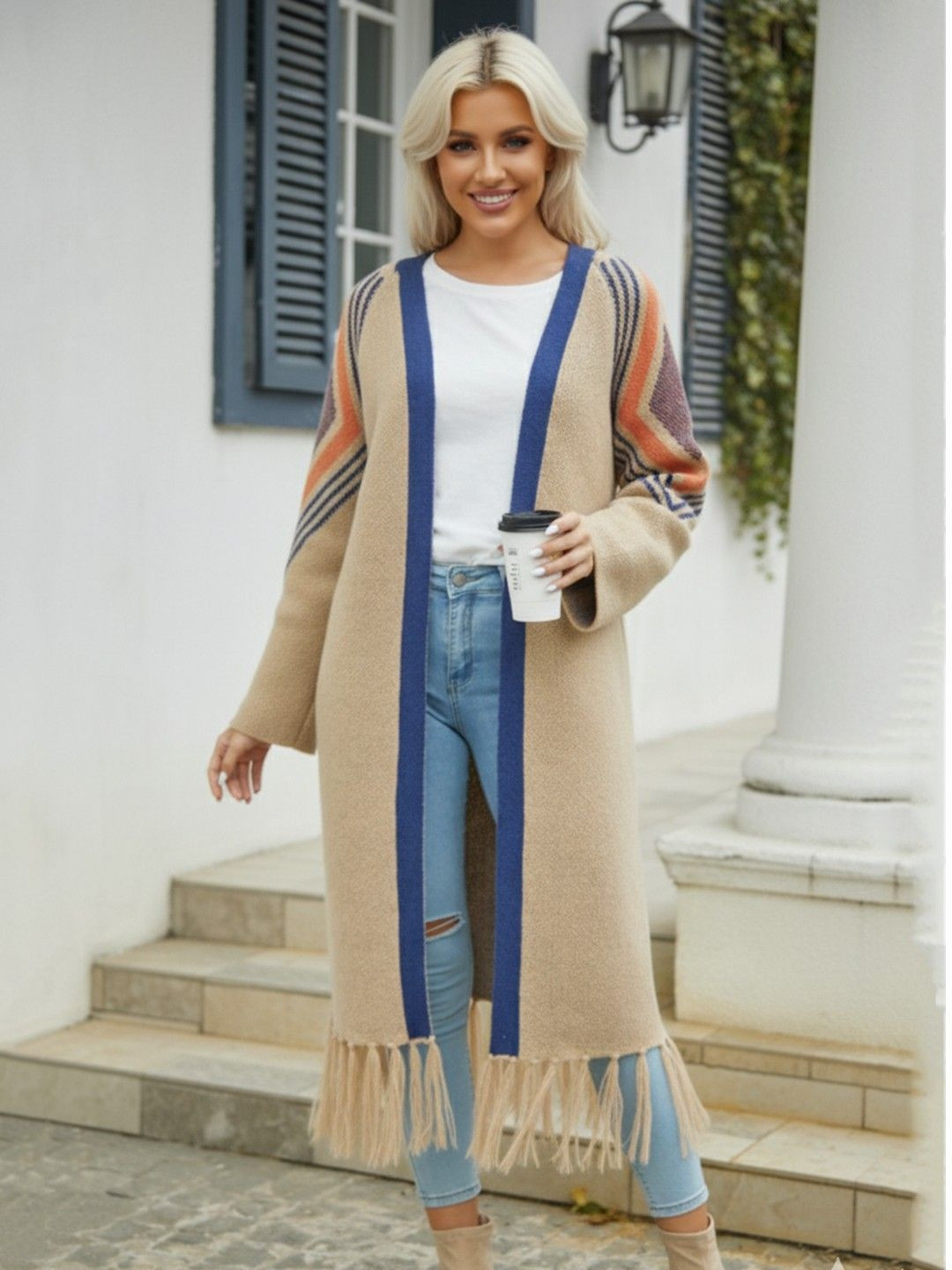 all about you Women Printed Longline Long Sleeves Front Open Sweaters with Fringed Detail